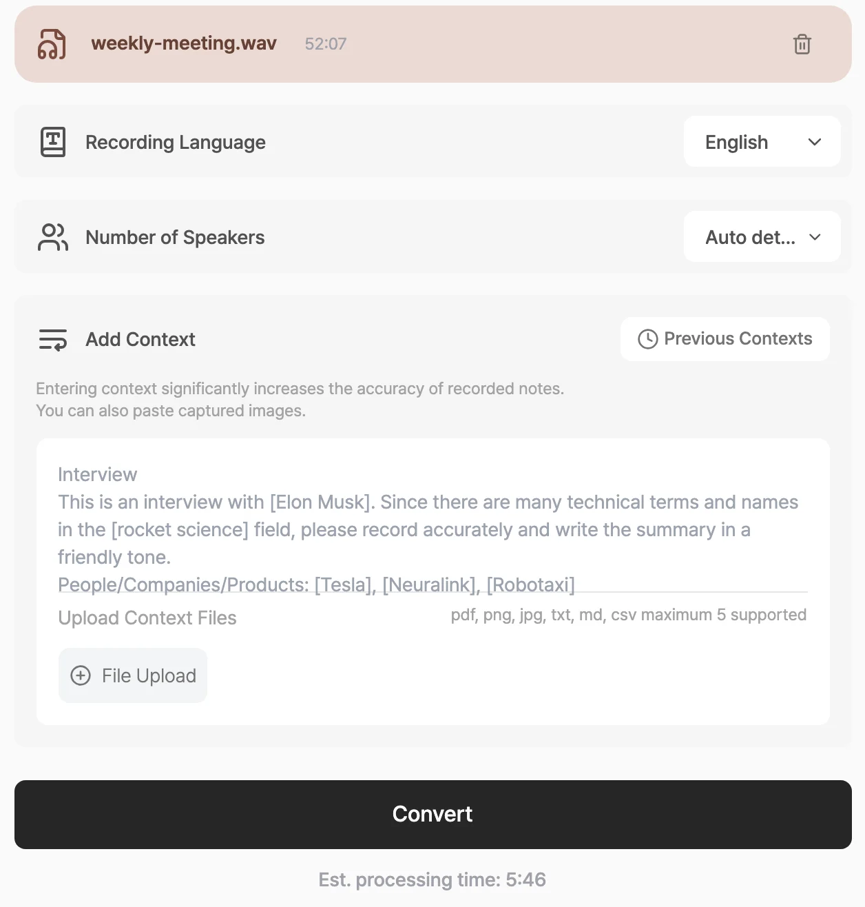 Screen after selecting a file, showing recording language, number of speakers, and add context settings below the file details, with a Convert button and the estimated processing time