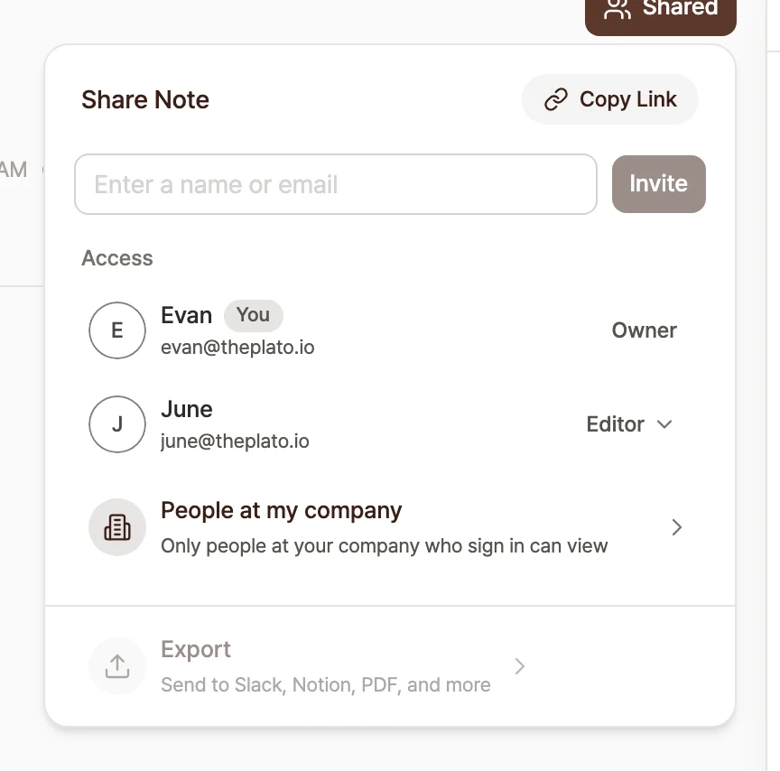 The share note popup. The Access section lists the owner and editors, with a People at my company row at the bottom.