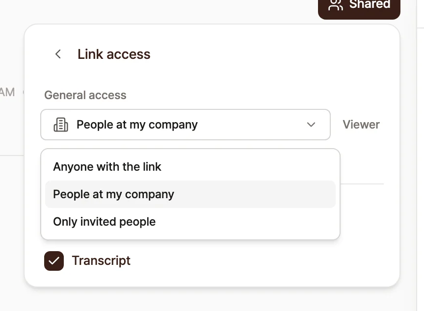 The Link access screen with the General access dropdown open, showing Anyone with link, People at my company, and Only invited people.