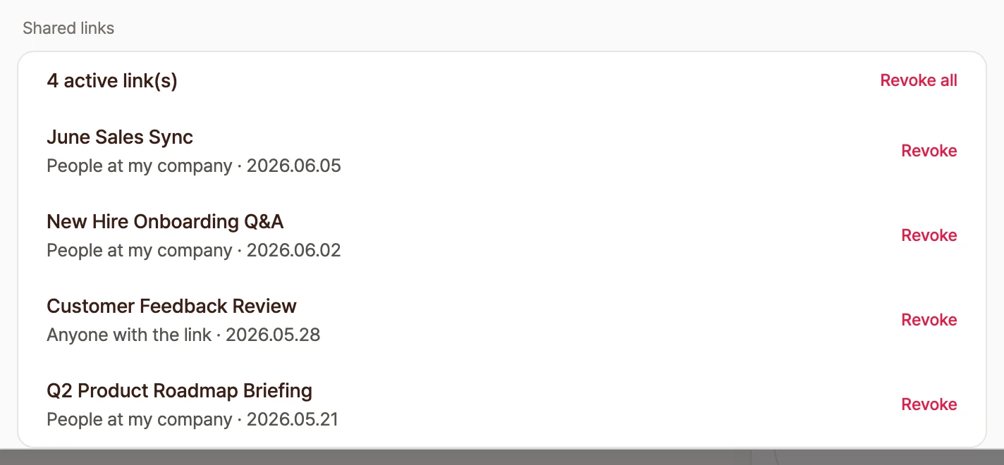 The Shared links list, showing note titles, share scope, and share date, with a Revoke button on each row and a Revoke all button at the top.