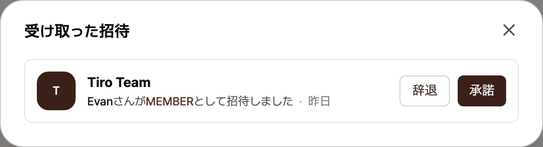 受け取った招待のポップアップ。Tiro Teamワークスペースへの招待が1件表示され、EvanさんがMEMBERの役割で招待したという説明とともに、承諾・辞退ボタンが並んでいる画面