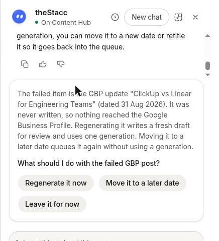 Assistant explaining a failed Google Business post with options Regenerate it now, Move it to a later date and Leave it for now