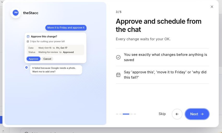 Tour slide titled Approve and schedule from the chat