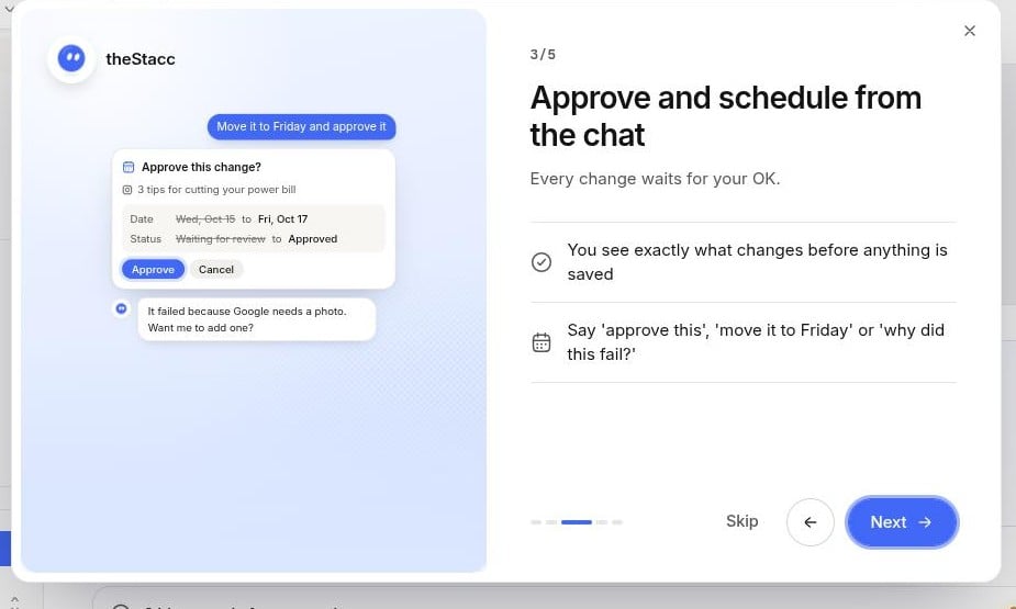 Tour slide titled Approve and schedule from the chat