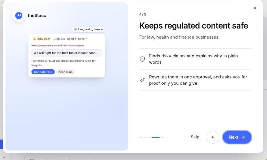 Tour slide titled Keeps regulated content safe, showing a risky claim replaced with a safer line
