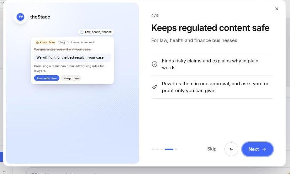 Tour slide titled Keeps regulated content safe, showing a risky claim replaced with a safer line