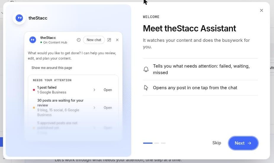 Welcome slide titled Meet theStacc Assistant