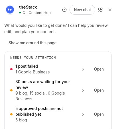 Needs your attention list with 1 post failed, 30 posts waiting for your review and 5 approved posts not published yet