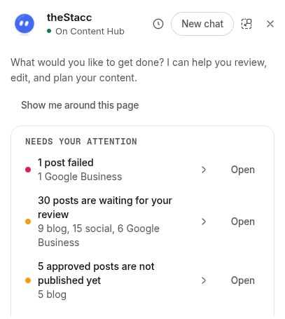 Needs your attention list with 1 post failed, 30 posts waiting for your review and 5 approved posts not published yet