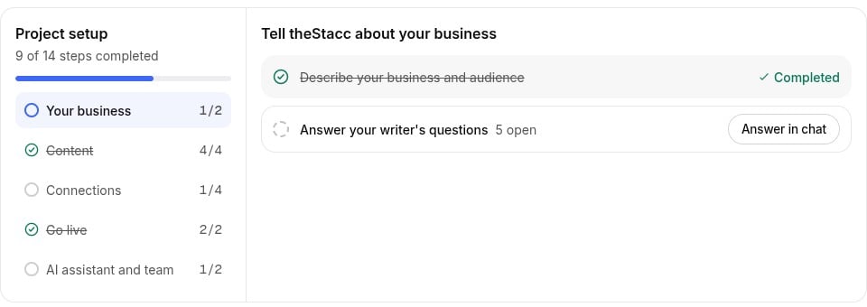 Project setup card showing 9 of 14 steps completed and Answer your writer's questions with an Answer in chat button