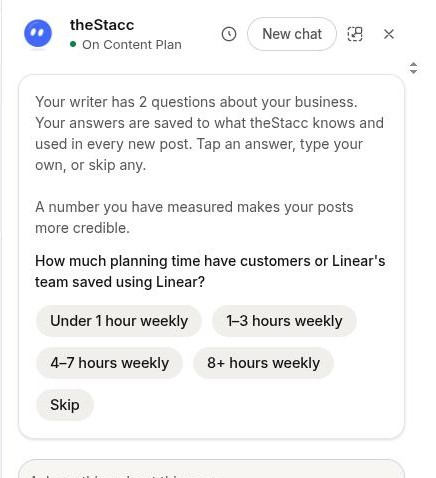 Assistant asking how much planning time customers have saved, with tap-to-answer options and Skip