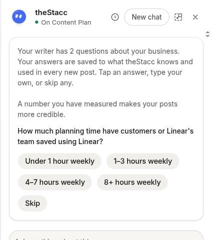 Assistant asking how much planning time customers have saved, with tap-to-answer options and Skip
