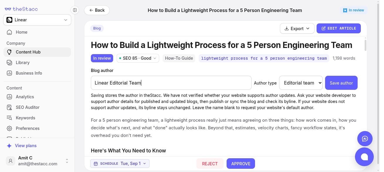 Blog author name, type, and Save author controls