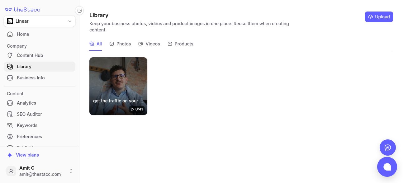 Library page with Upload and All, Photos, Videos, and Products tabs