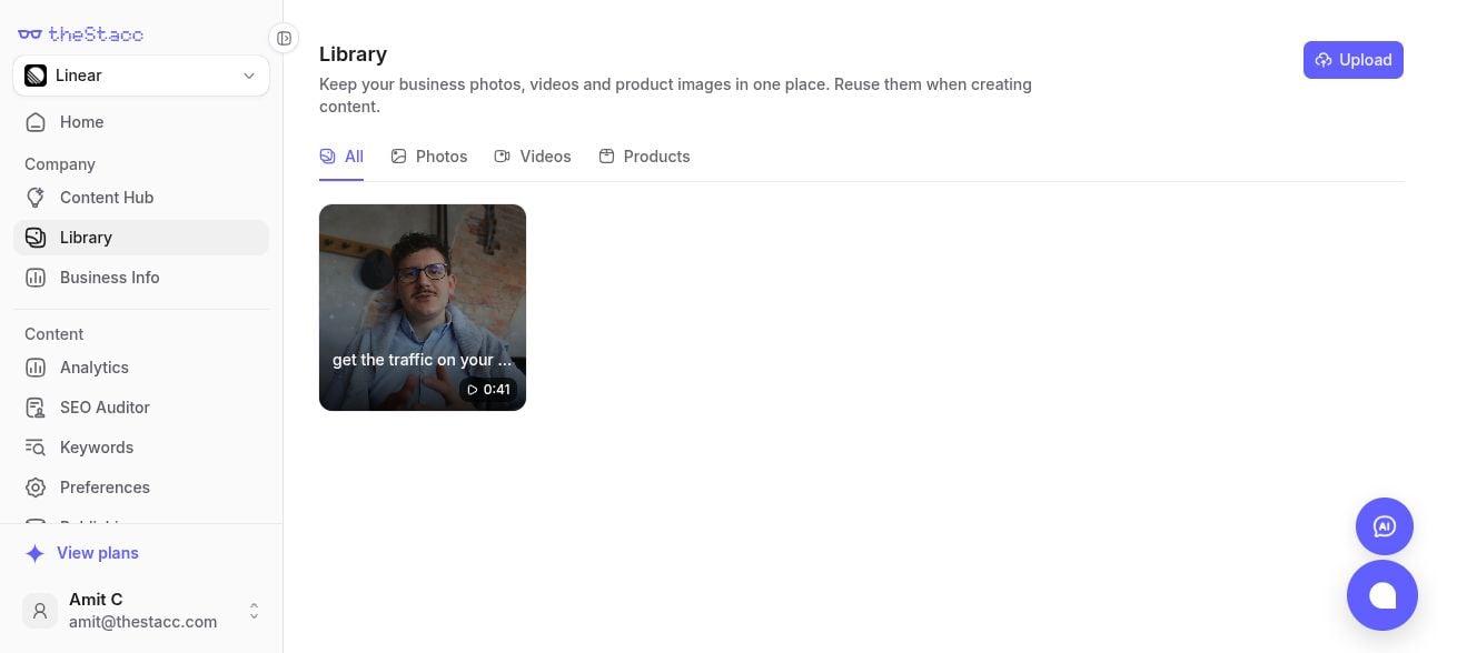 Library page with Upload and All, Photos, Videos, and Products tabs