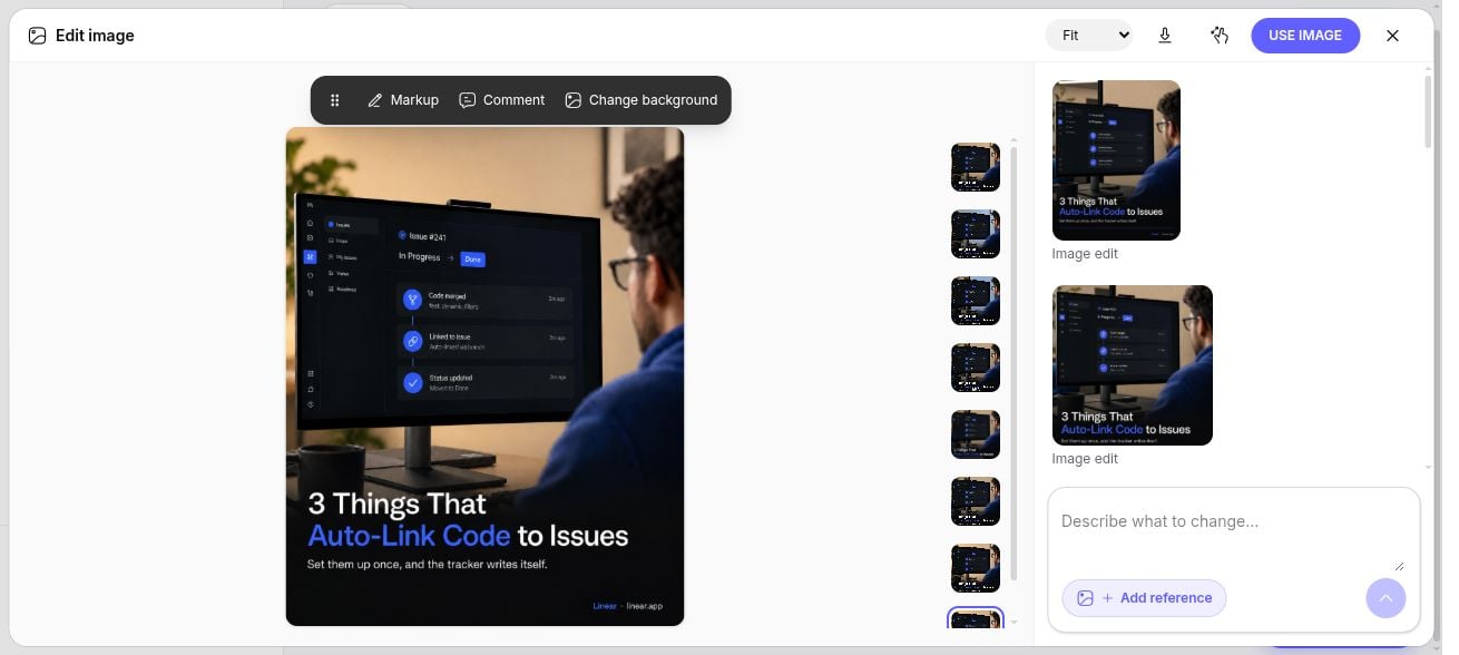 Social image editor with Markup, Comment, Change background, and Use image controls