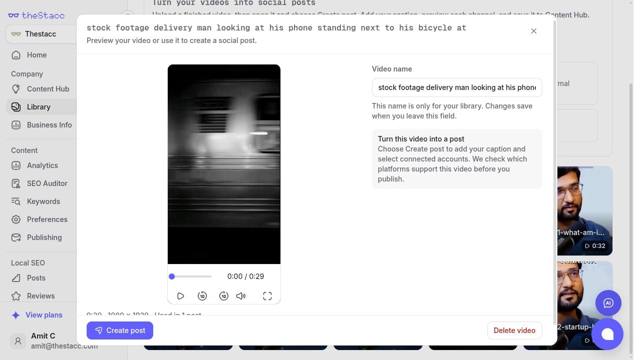 Library video details with Video name and Create post controls