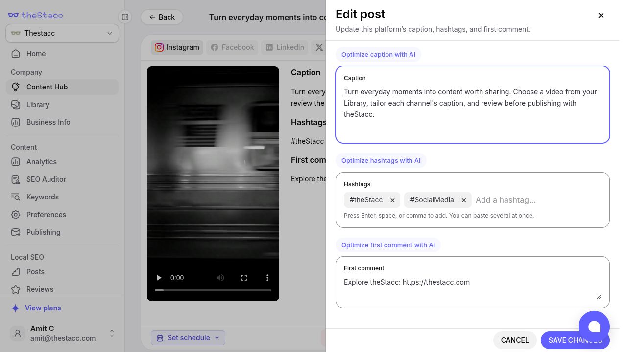 Edit post drawer with caption, hashtag chips, first comment, Cancel, and Save changes