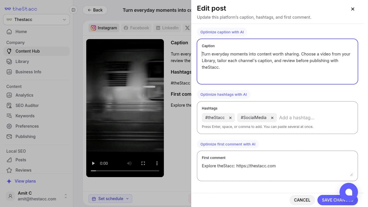 Edit post drawer with caption, hashtag chips, first comment, Cancel, and Save changes