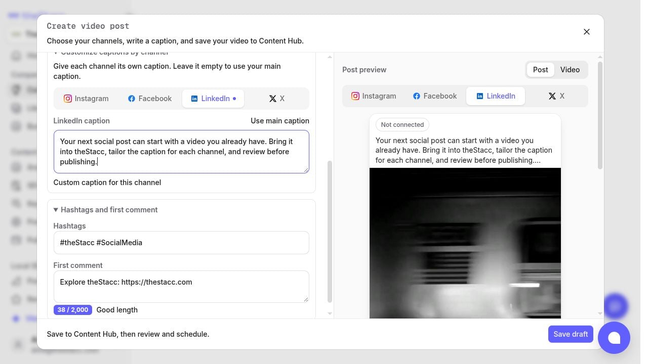 Video composer with a LinkedIn caption, hashtags, first comment, and channel preview