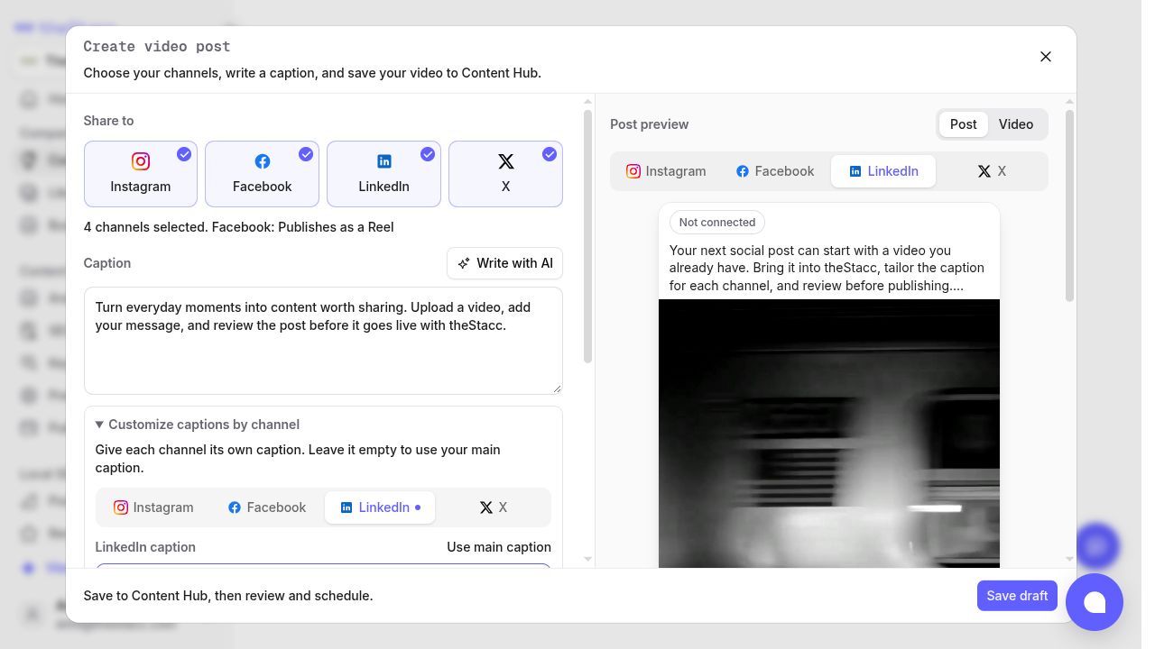 Video composer with channel selection, caption, LinkedIn preview, and Save draft