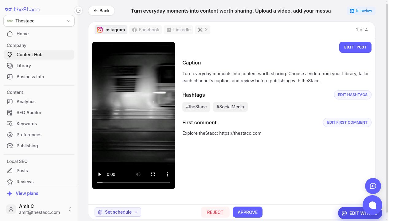 Video post In review in Content Hub with channel tabs, Edit post, Set schedule, Reject, and Approve