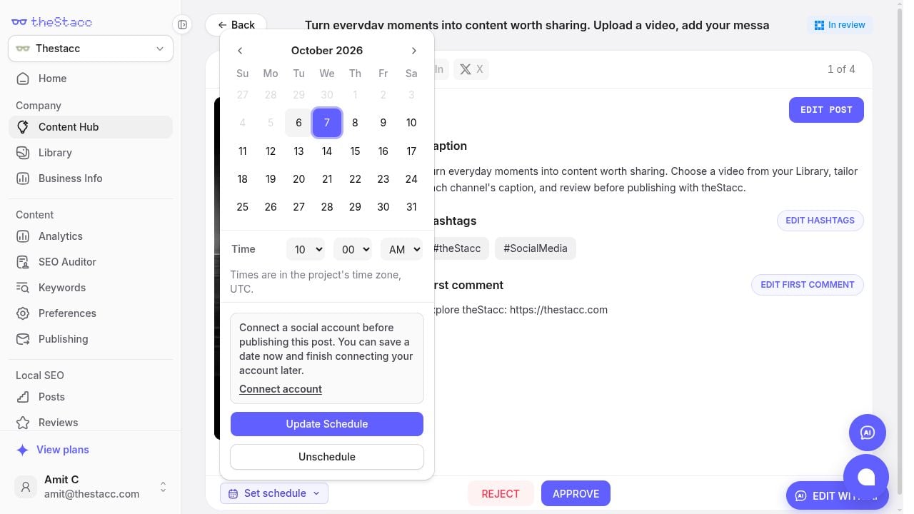 Video post scheduling controls showing project timezone UTC and a Connect account warning