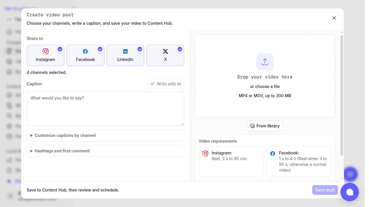 Create video post composer with MP4 and MOV upload, From library, and channel video requirements