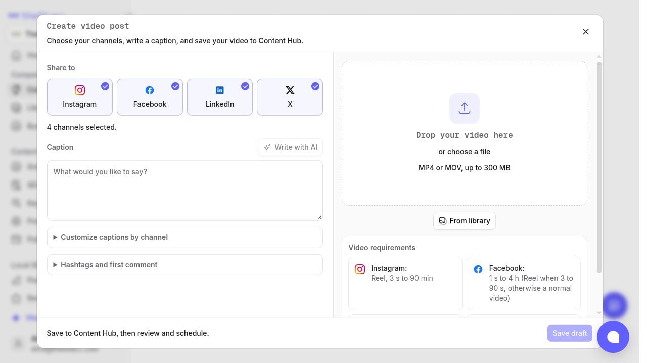 Create video post composer with MP4 and MOV upload, From library, and channel video requirements