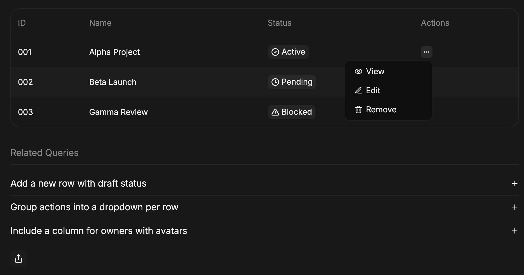 Action Column for Tables Example