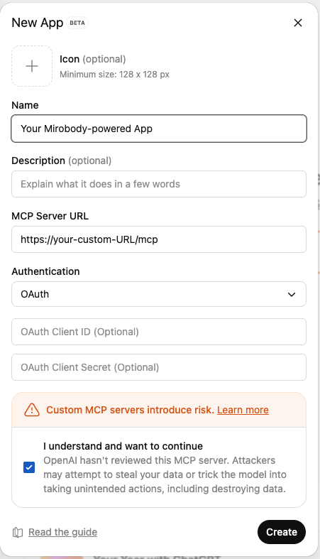 Adding a new ChatGPT app with MCP endpoint configuration