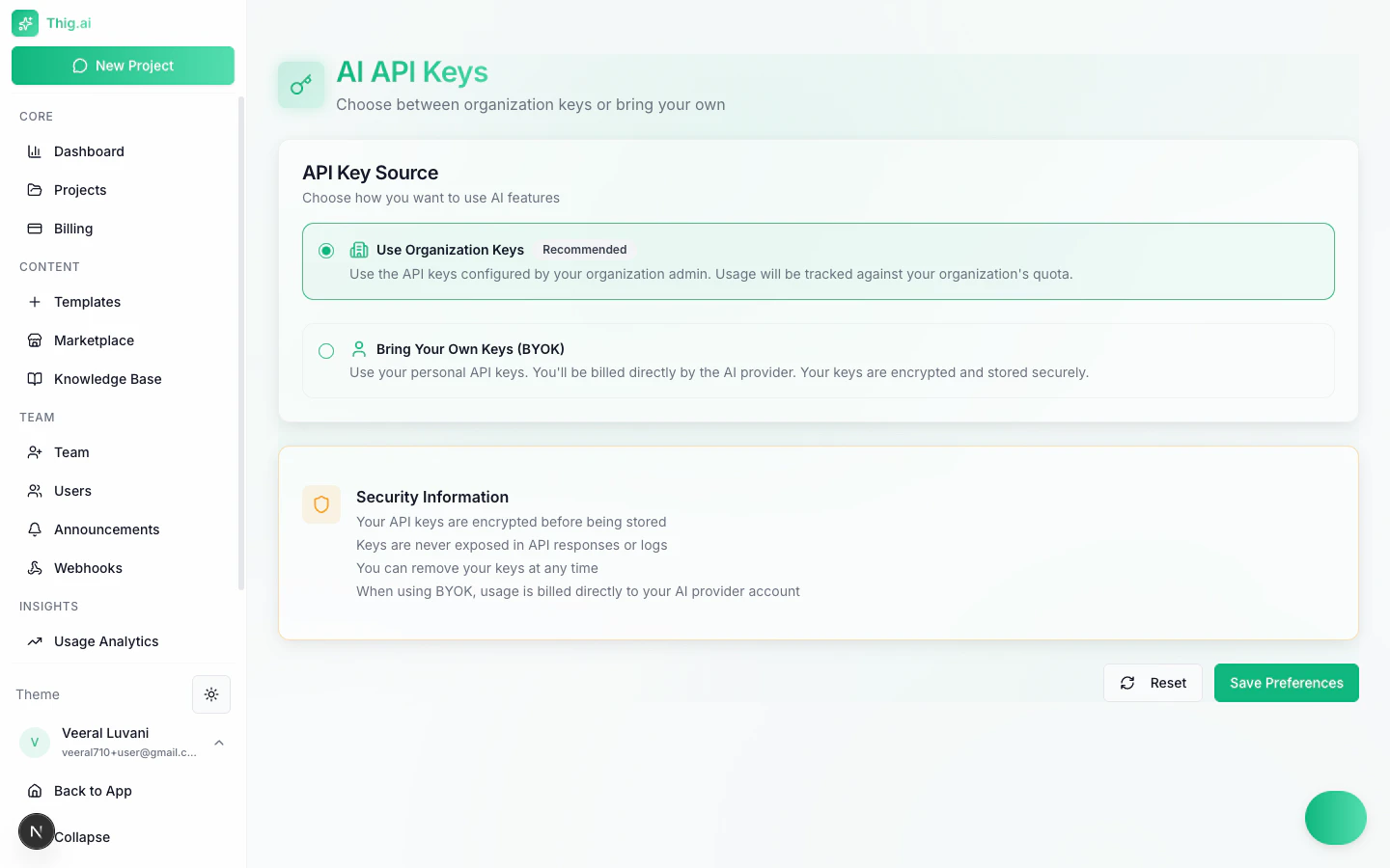 AI API Keys settings