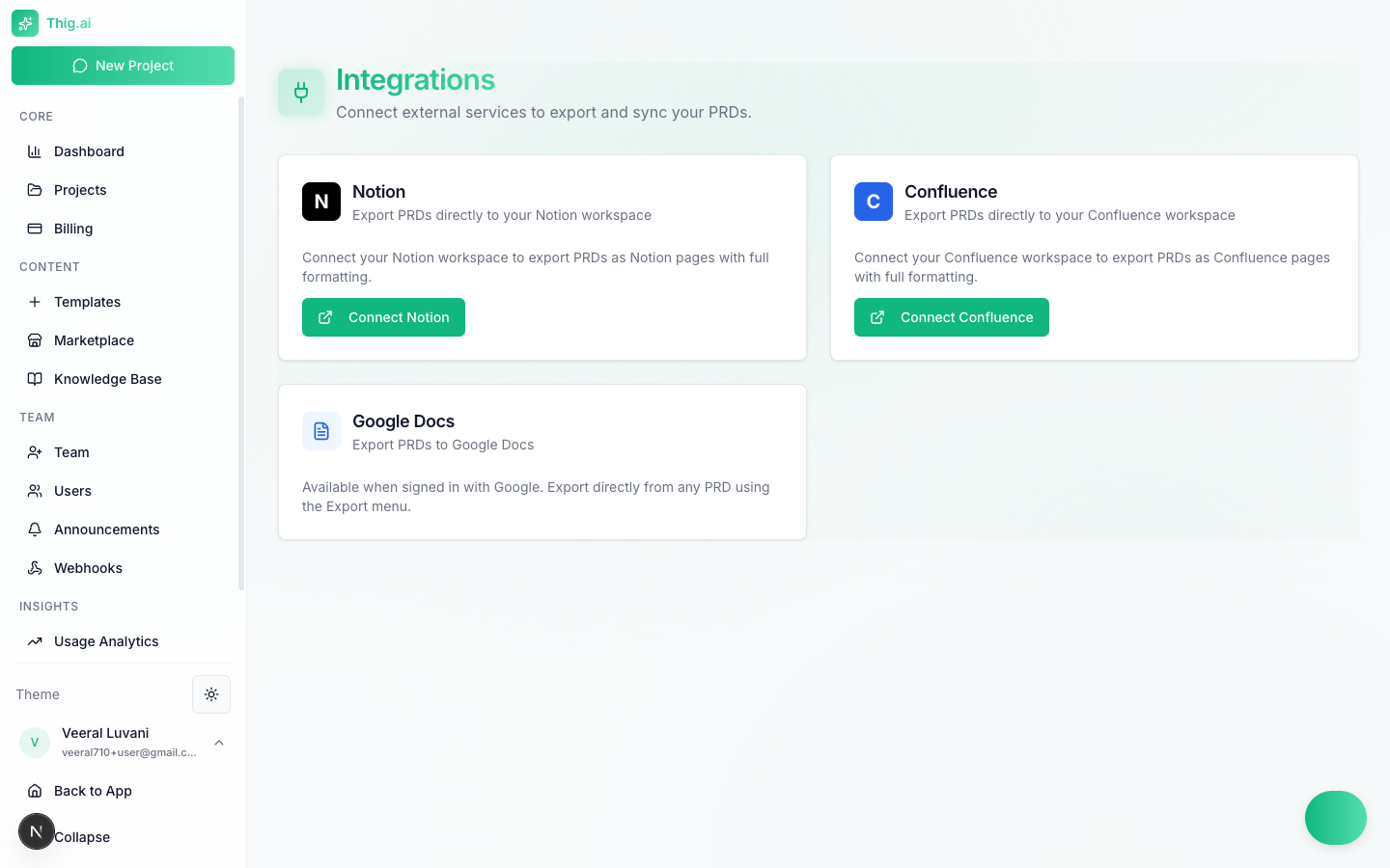 Integrations settings page