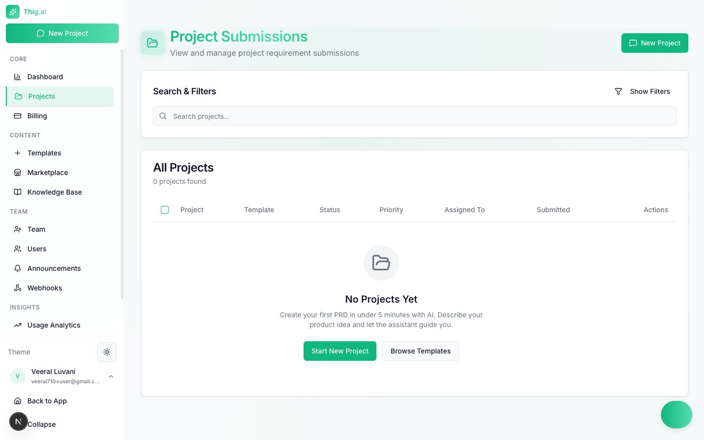 Projects management page