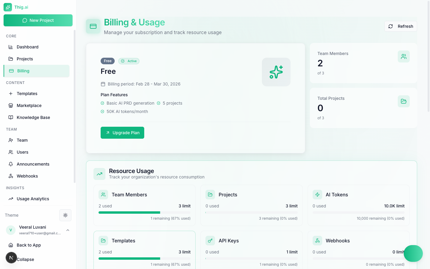 Billing and usage dashboard