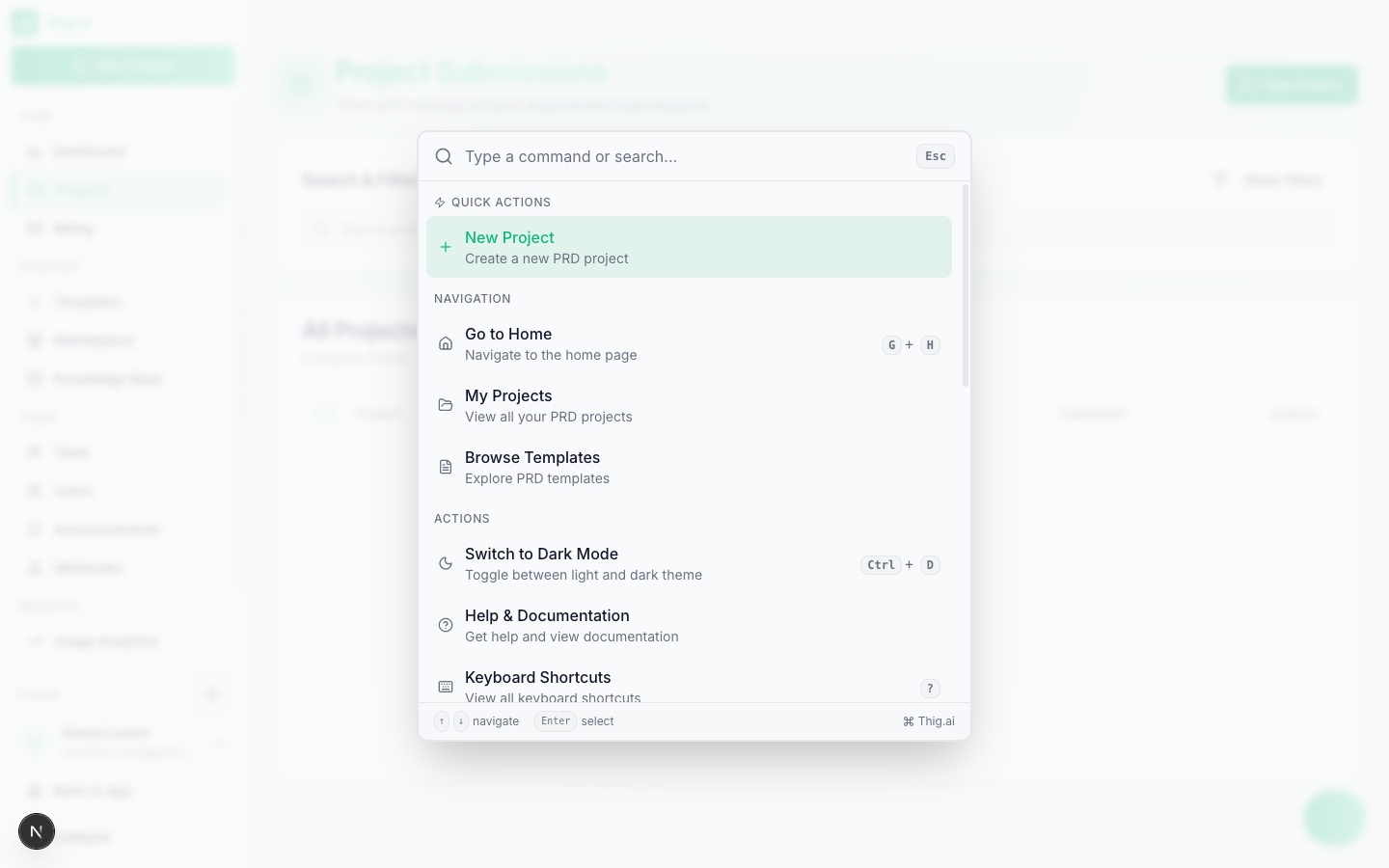 Command palette with search and actions