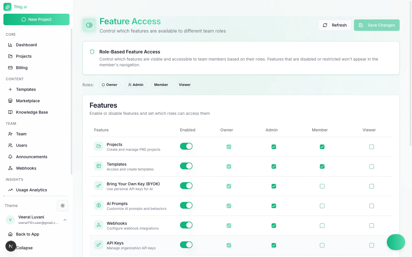 Feature Access Control page