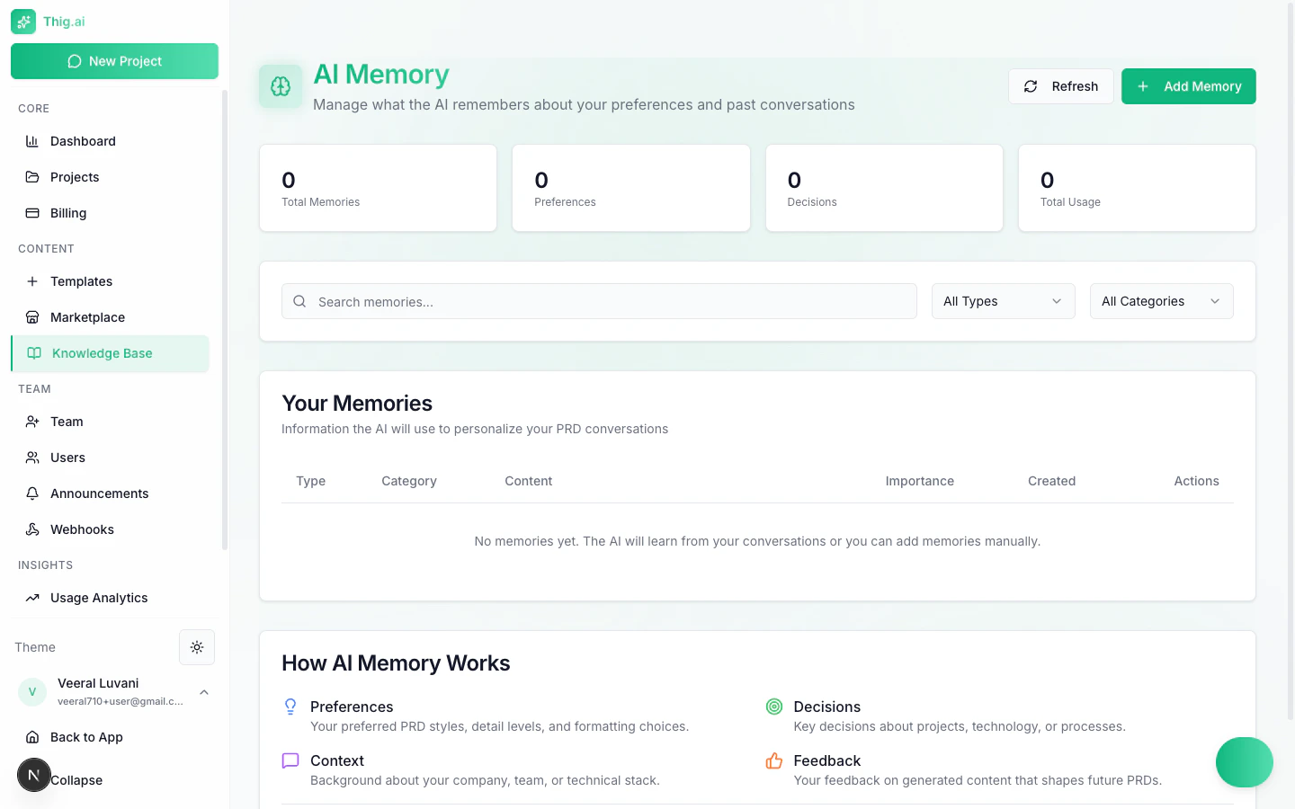 Knowledge Base page showing memory entries