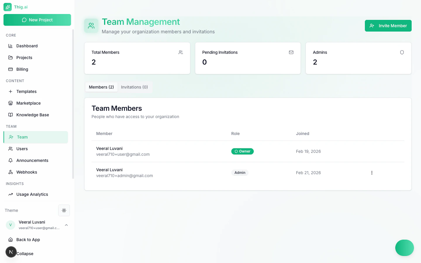 Team management page