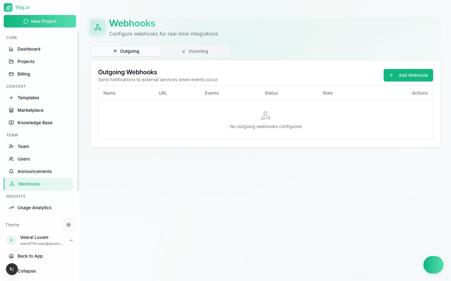 Webhooks administration page