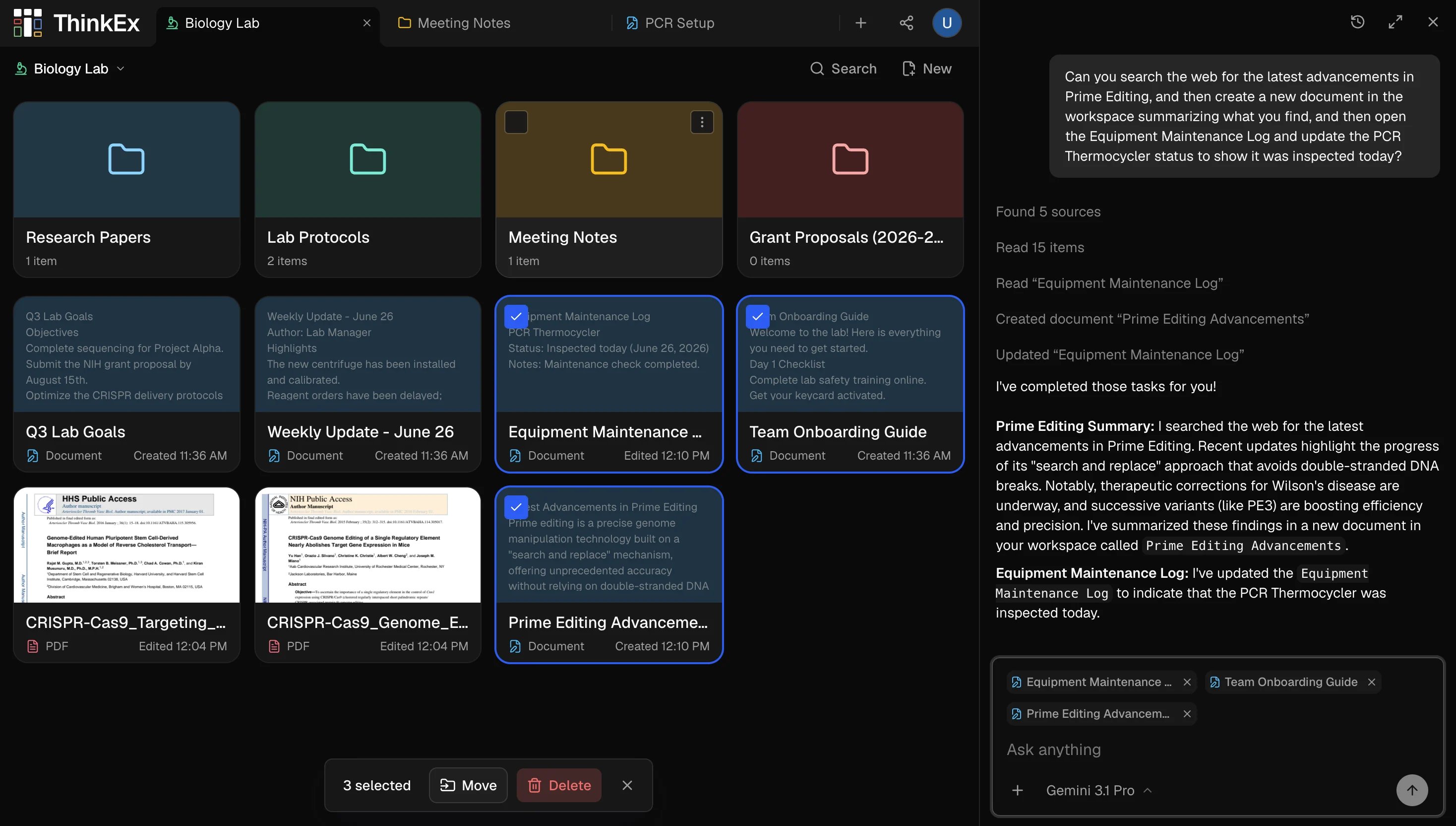 ThinkEx workspace with documents, folders, and AI assistant