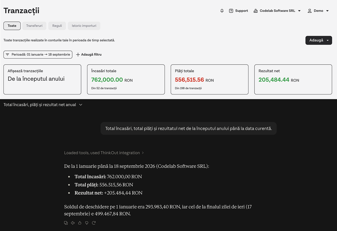 Încasările, plățile și rezultatul net de la începutul anului în aplicația ThinkOut, și aceleași cifre în răspunsul asistentului