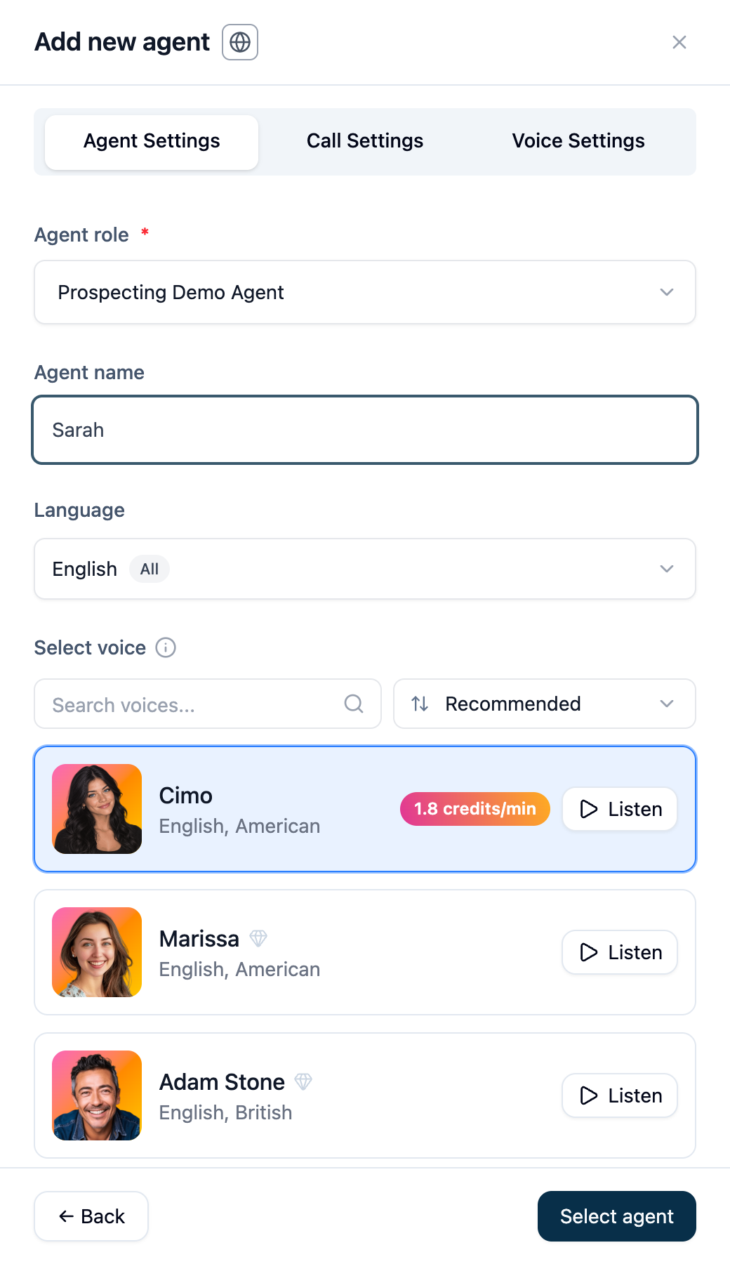 New Prospecting Demo Agent settings