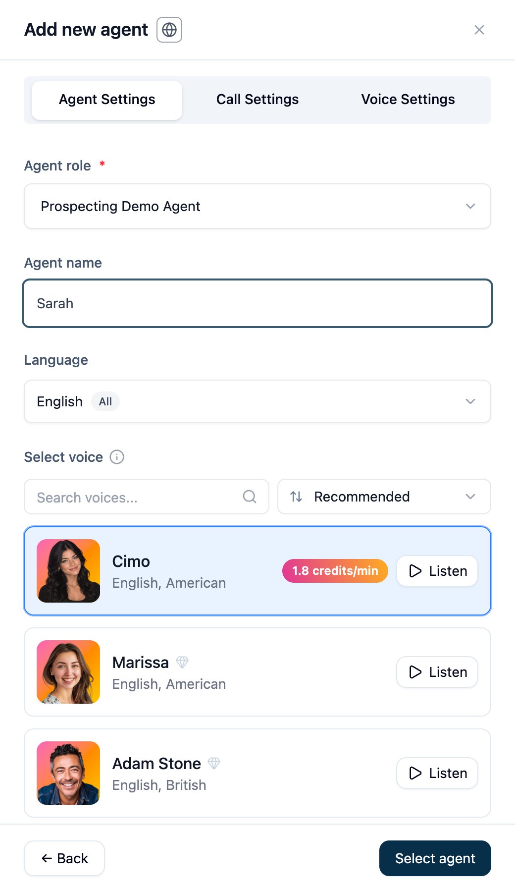 New Prospecting Demo Agent settings