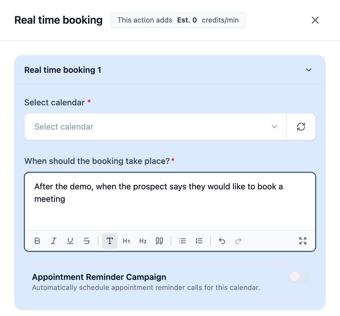 Real time booking setup