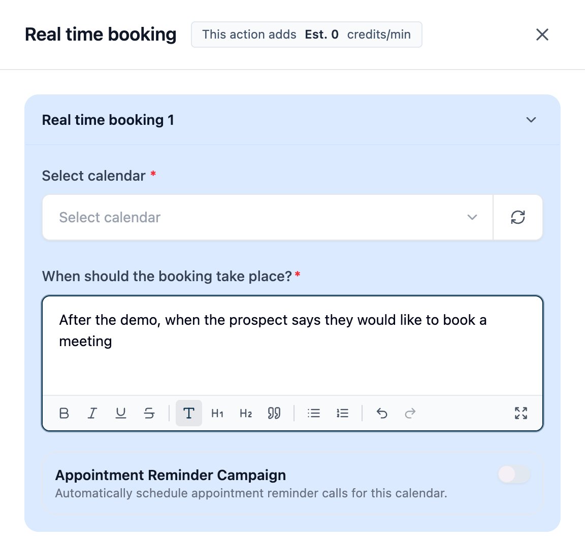 Real time booking setup