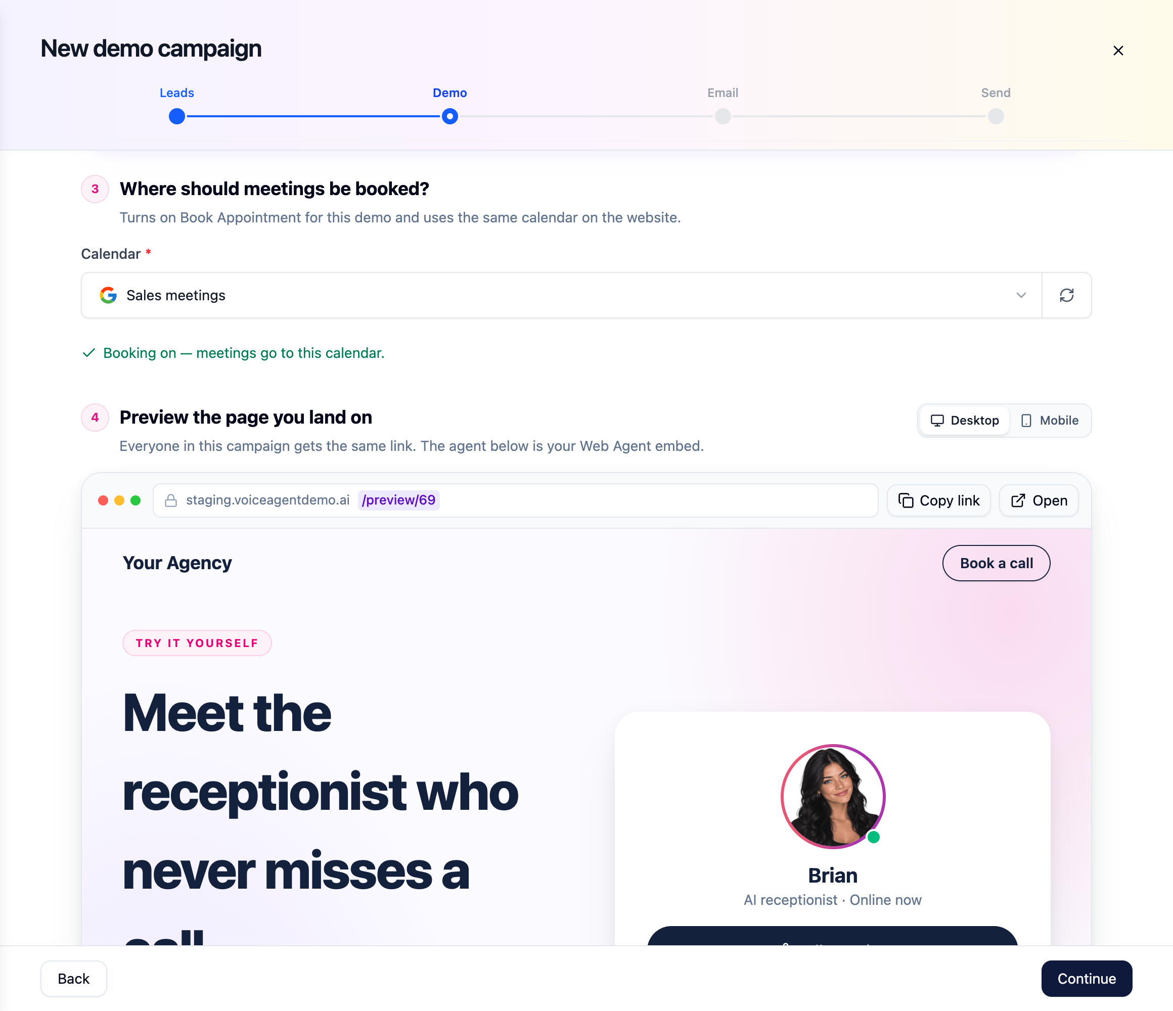 Step 2: Calendar and demo page preview