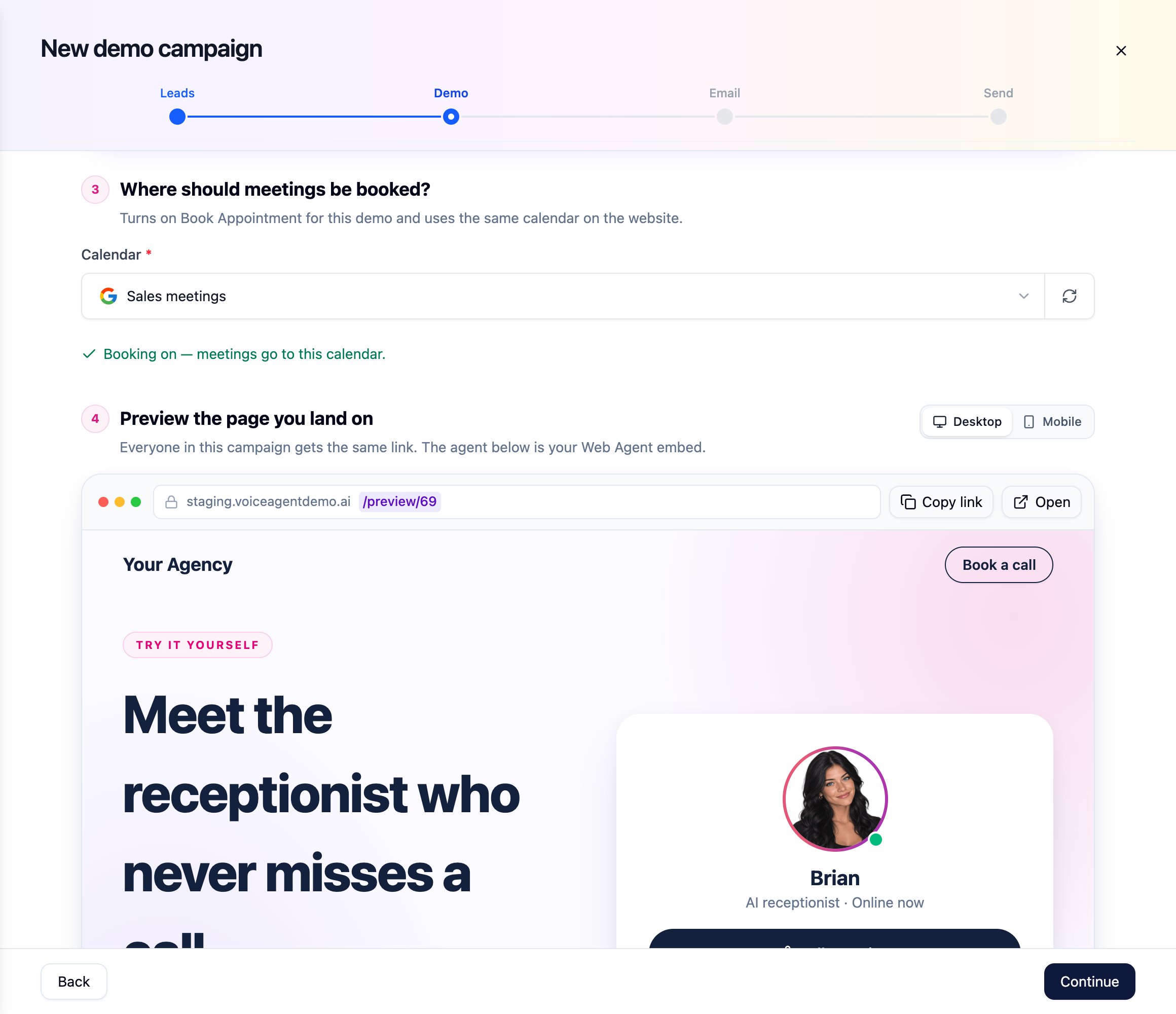 Step 2: Calendar and demo page preview