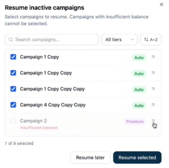 Resume inactive campaigns modal