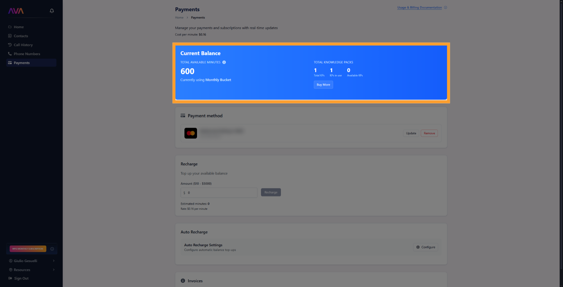 Payments screen